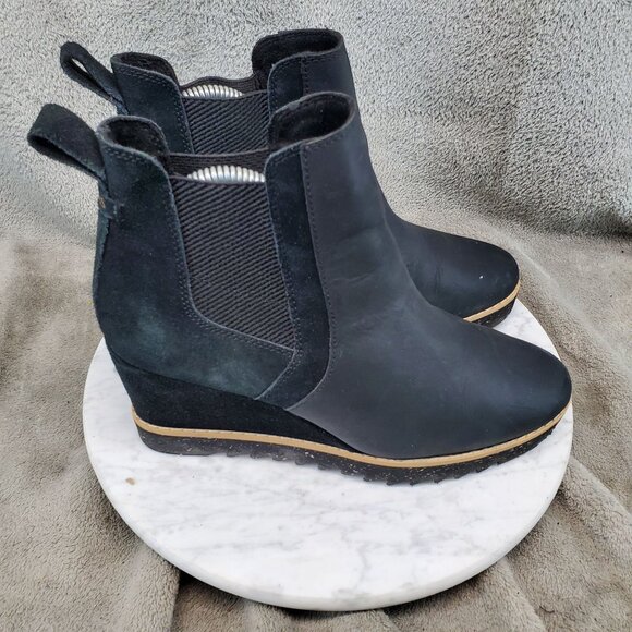 Toms Shoes Womens Size 8.5 Maddie Black Leather and Suede Wedge Ankle Boots - Picture 6 of 8